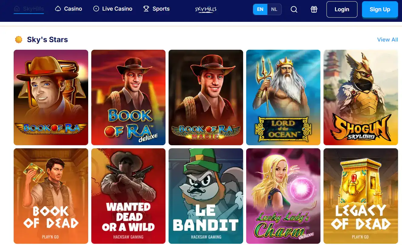 SkyHills homepage with casino product navigation