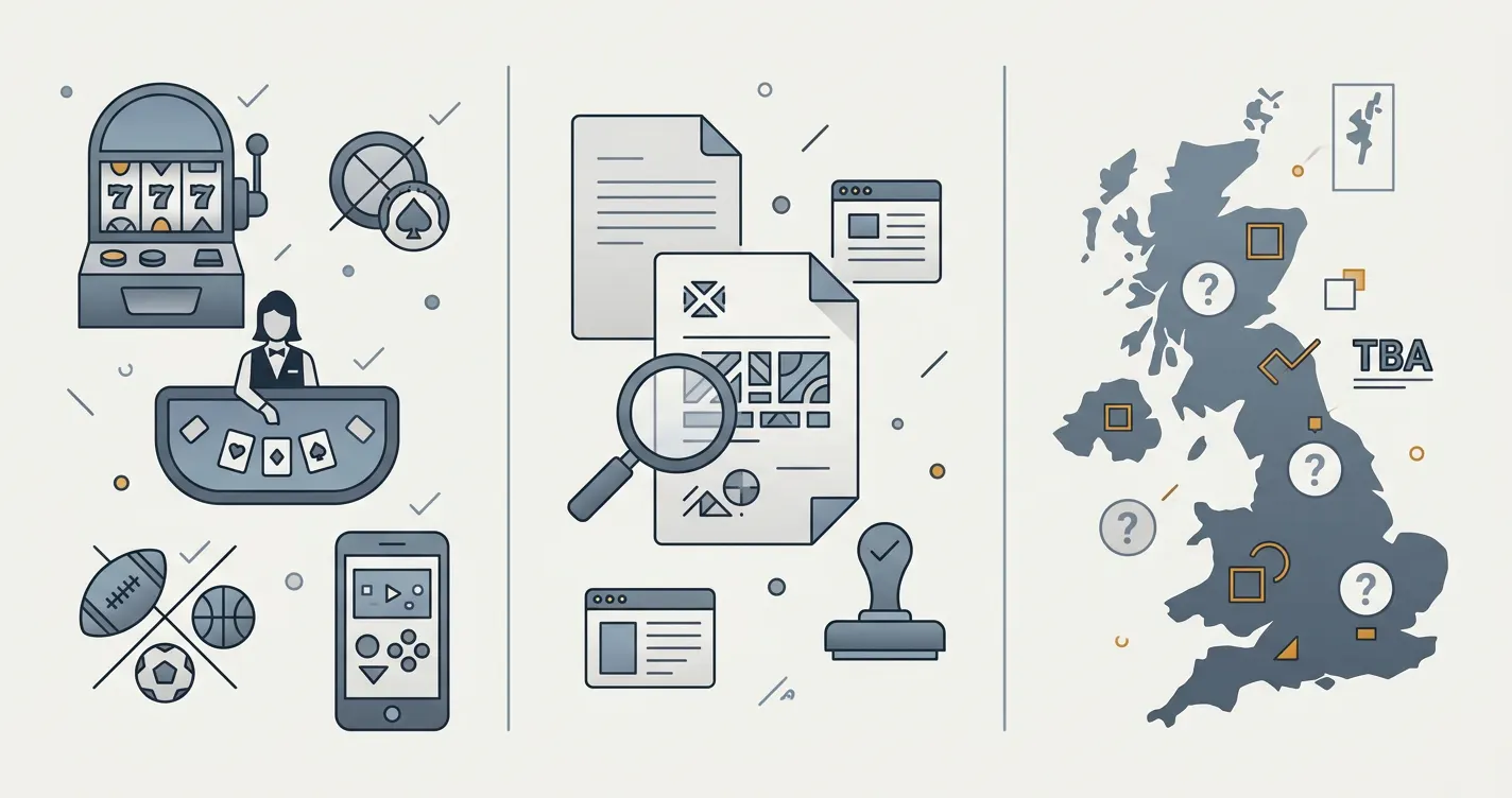 Editorial illustration comparing casino product features, Great Britain licensing and market access